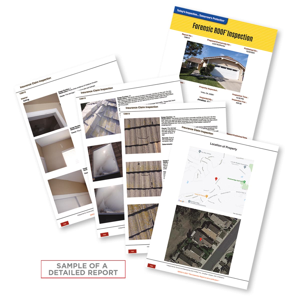 Pages of a photo-centric roof inspection report showing rooftop and attic findings with captions