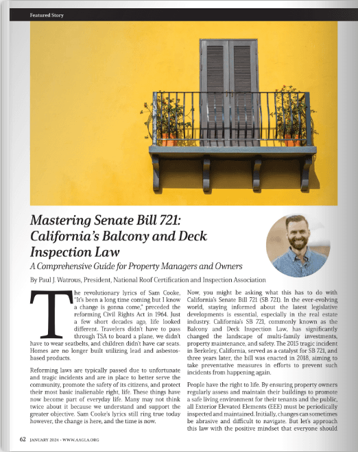 Published magazine spread on mastering California Senate Bill 721 balcony and deck inspection requirements.