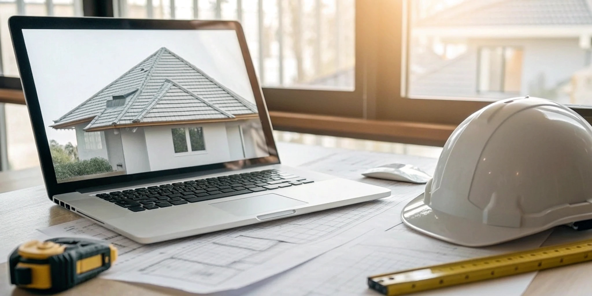 Laptop, hard hat and tape measure set out for an online roof inspector certification course.