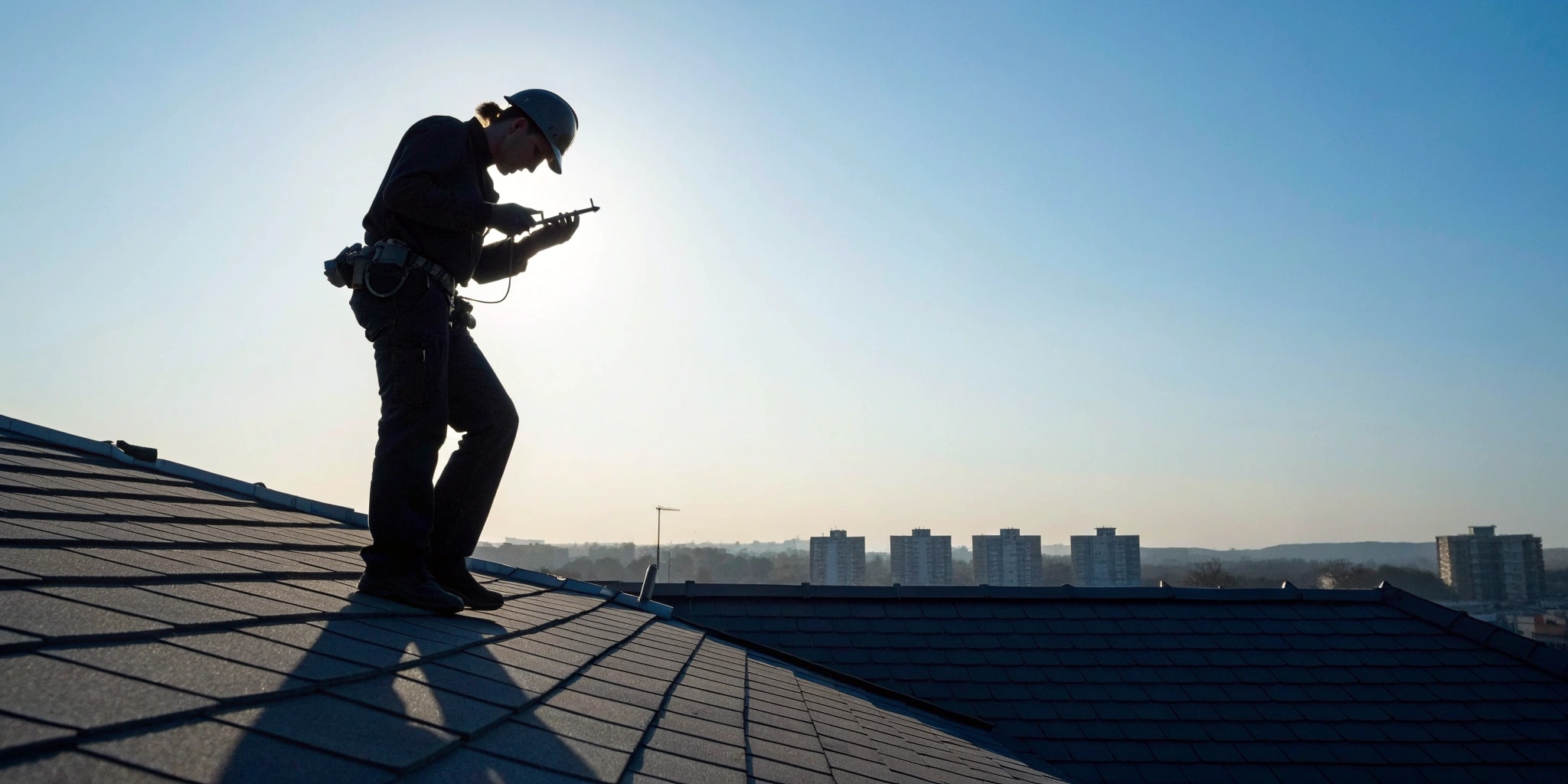 Roof inspector on a shingle roof documenting findings, meeting roof inspector certification requirements.
