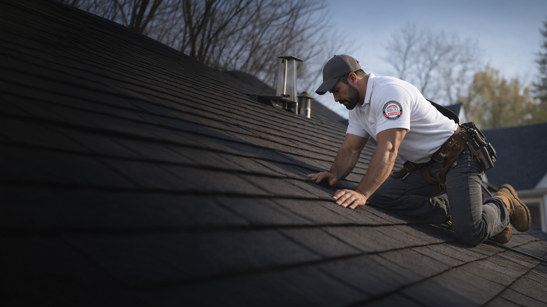 An NRCIA inspector checking the shingles on a residential roof.