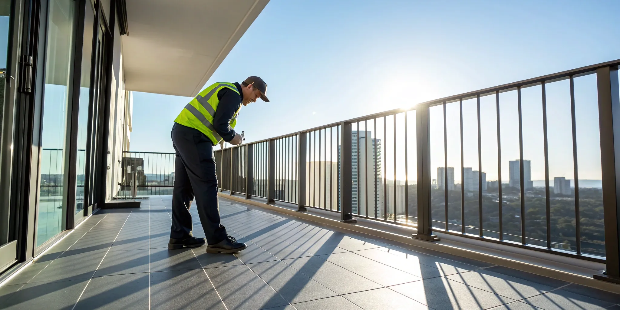Inspector checking a guardrail during apartment balcony inspection services on a multifamily building.