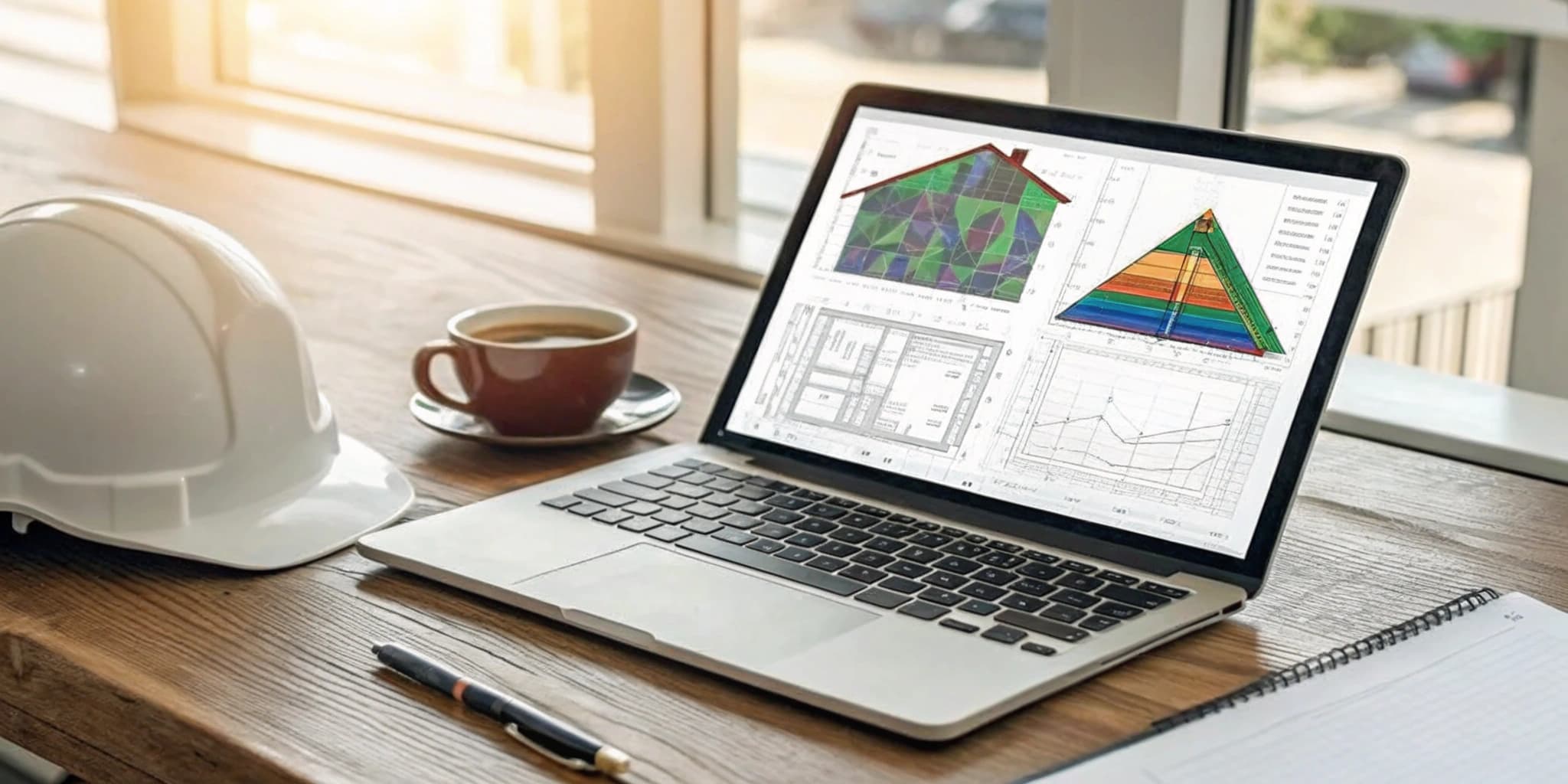 Laptop showing roofing report software on a work desk beside a contractor's hard hat.