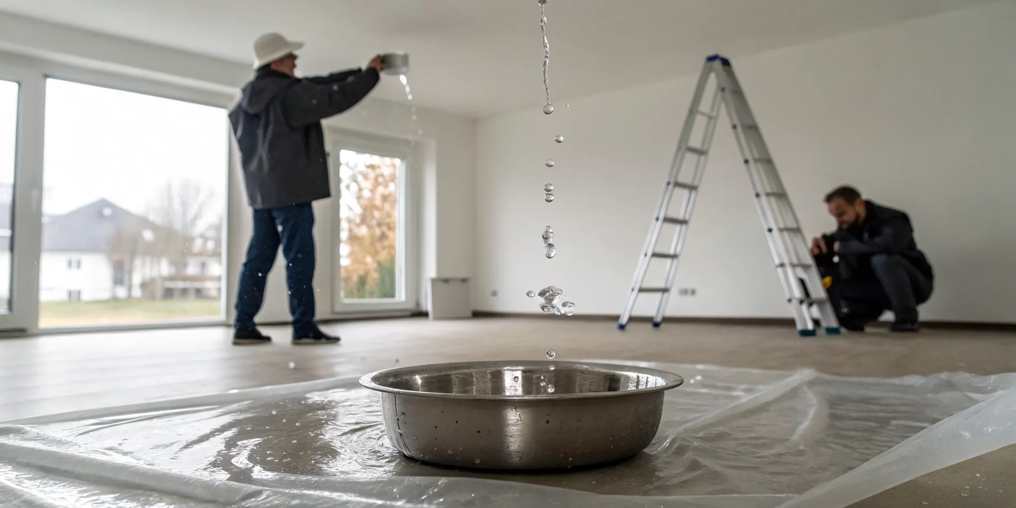 Contractors examining a stained ceiling to determine whether a roof warranty covers the leak.