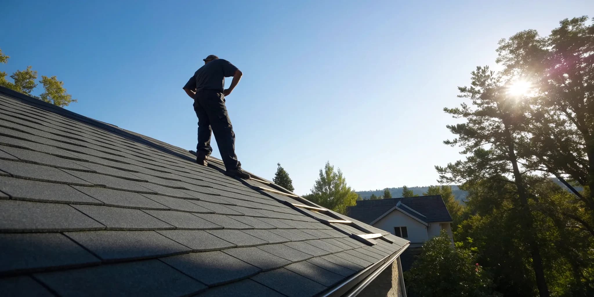 Roof inspector examining shingles during the inspection behind a roof certification.