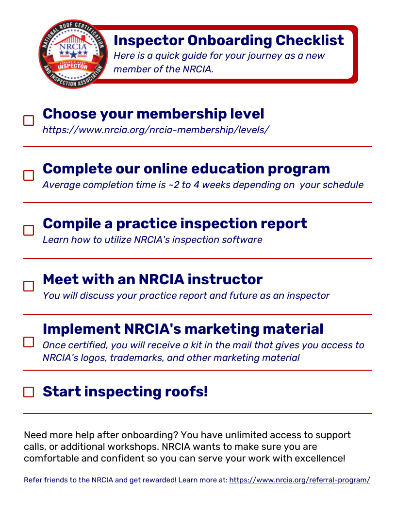 Graphic outlining the steps to become an NRCIA Certified Roof Inspector