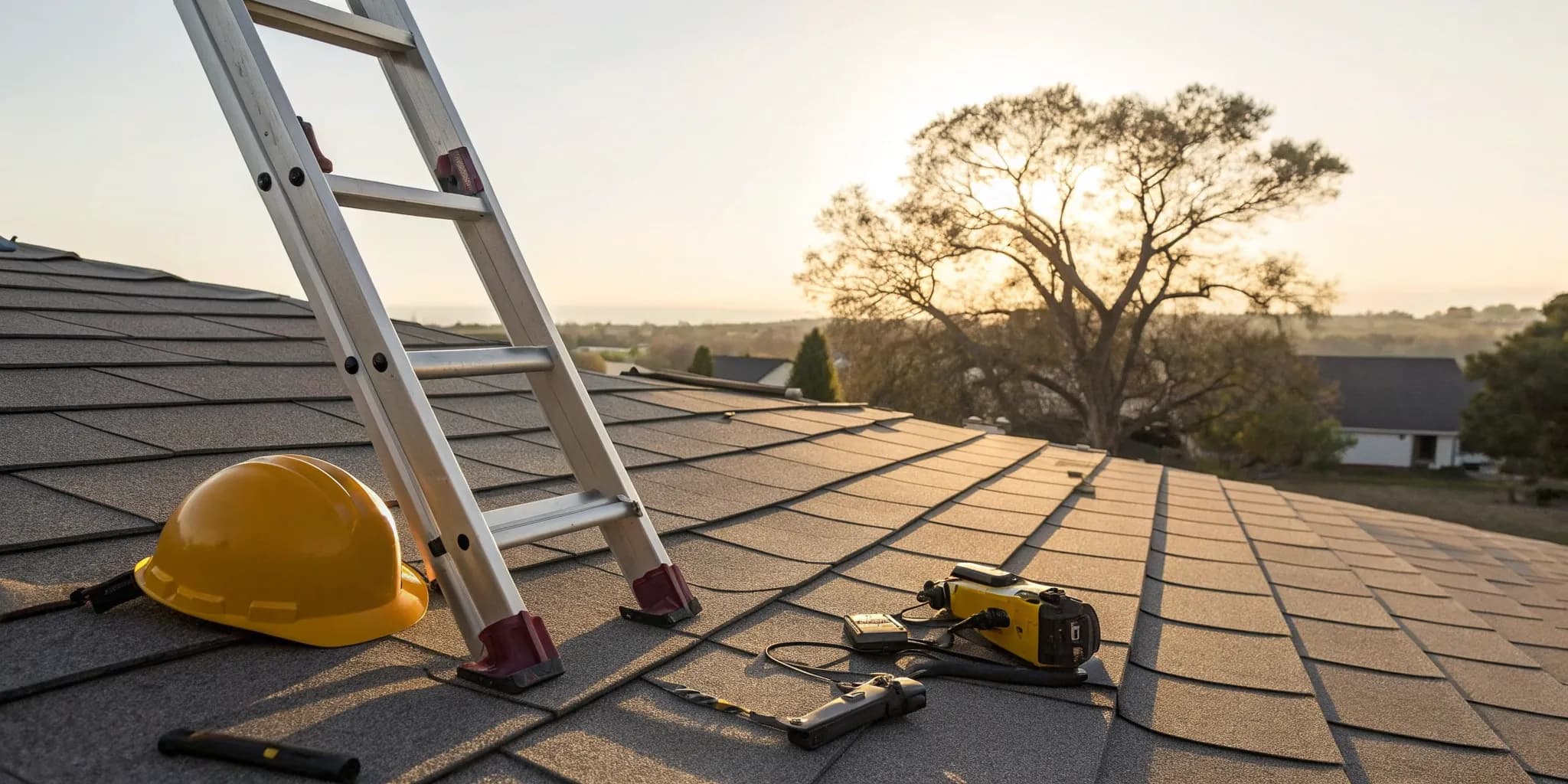 Certified roof inspector's tools laid out on a shingle roof during a warranty inspection.