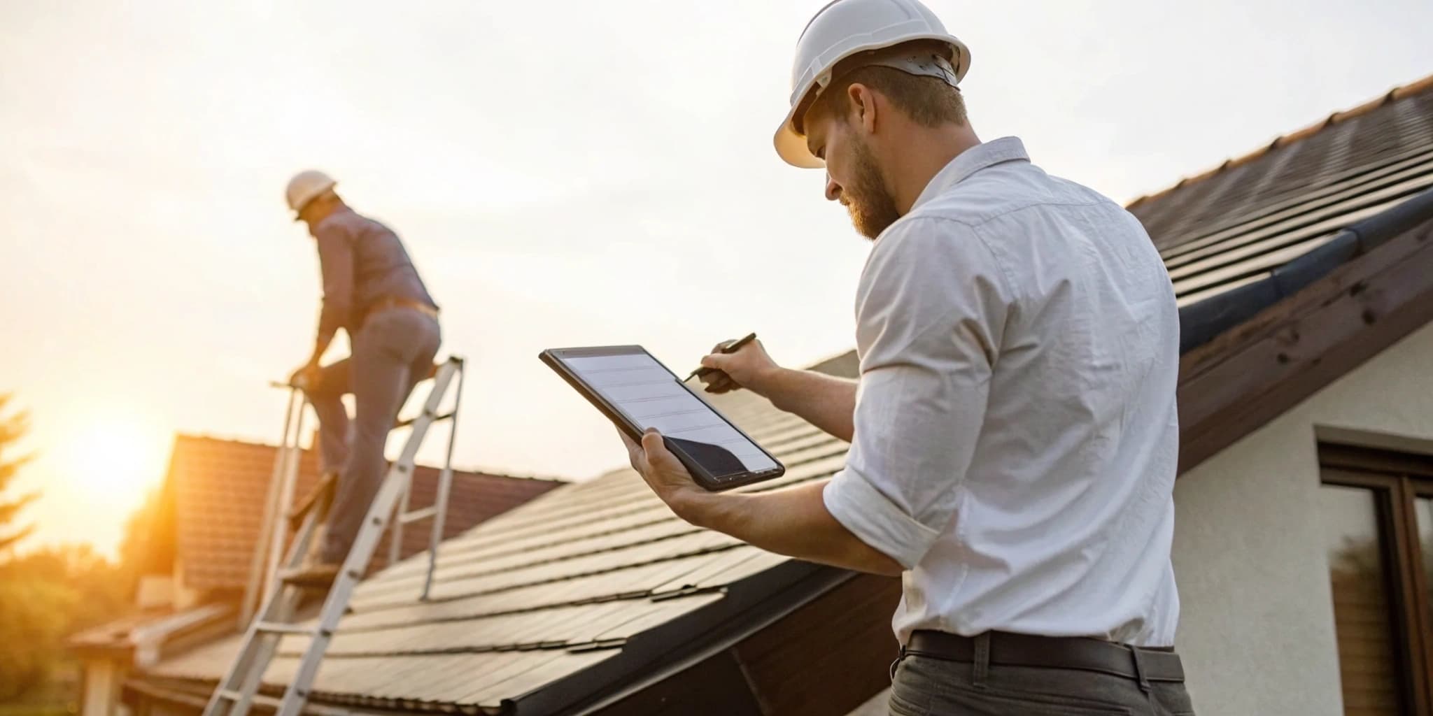 A roof inspector using roof certification software on a tablet during an inspection.