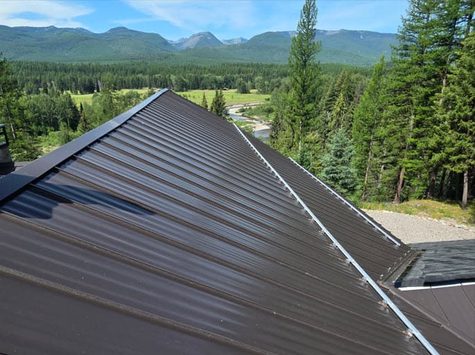 Standing seam metal roof panels with concealed fasteners running vertically from ridge to eave.