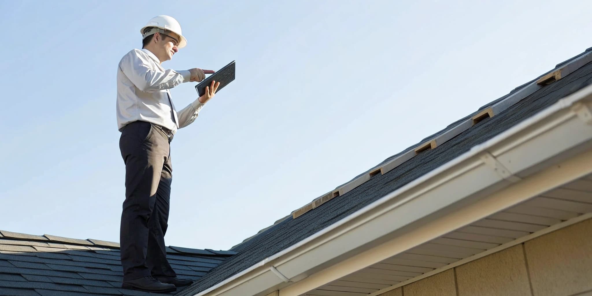Inspector on a sloped roof during a roof inspector training course, documenting shingle condition.