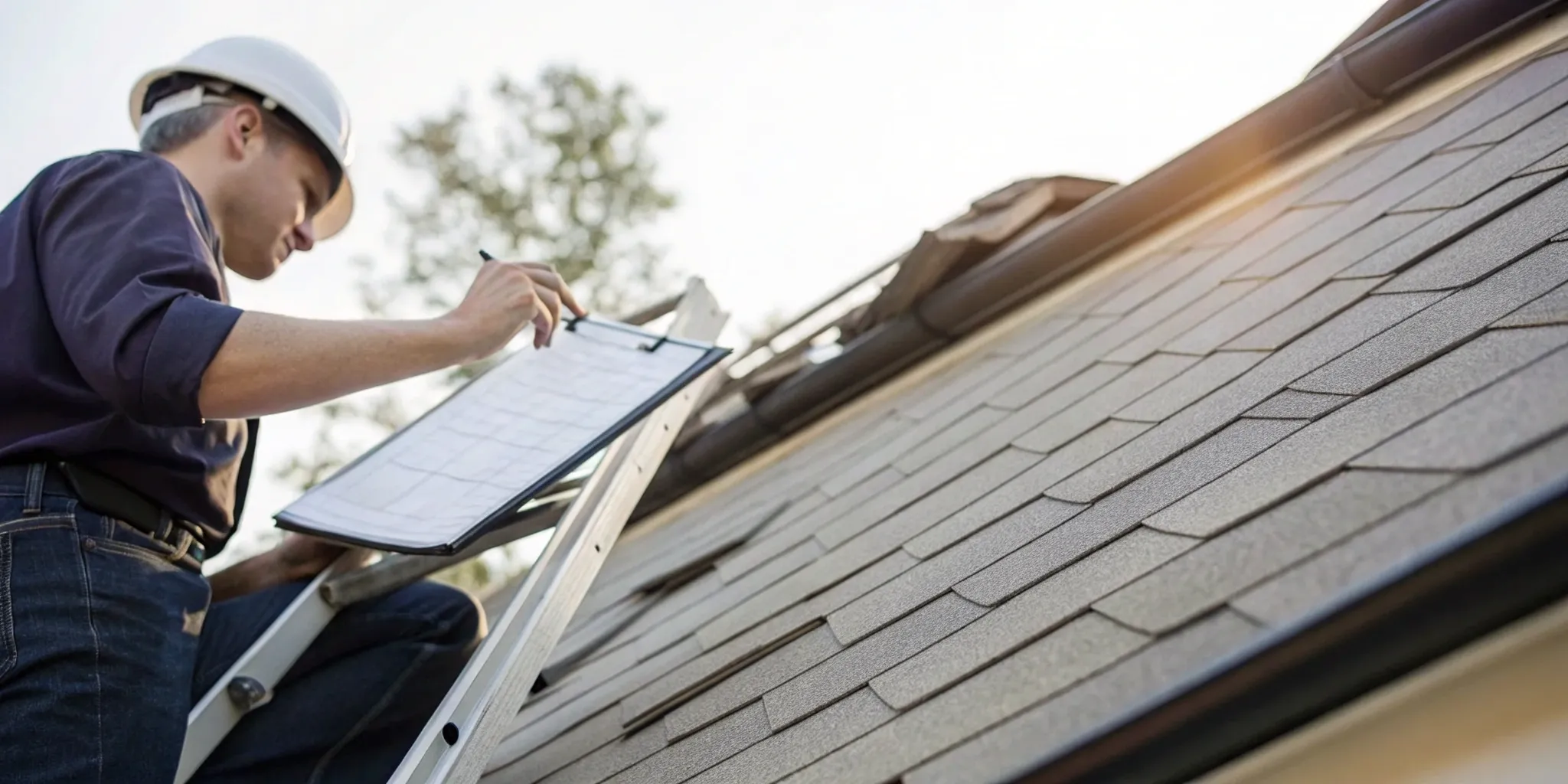 Inspector photographing storm damage for a certified roof damage inspection report.