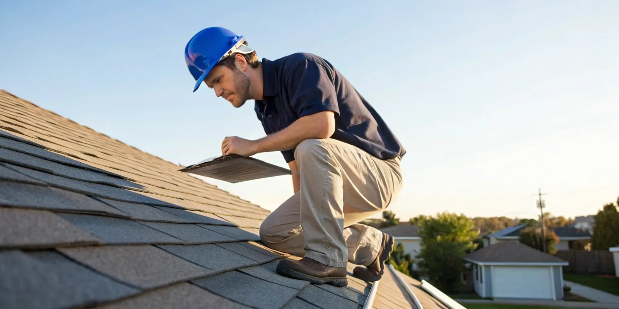 Certified roof inspector photographing hail damage on asphalt shingles for an insurance claim.