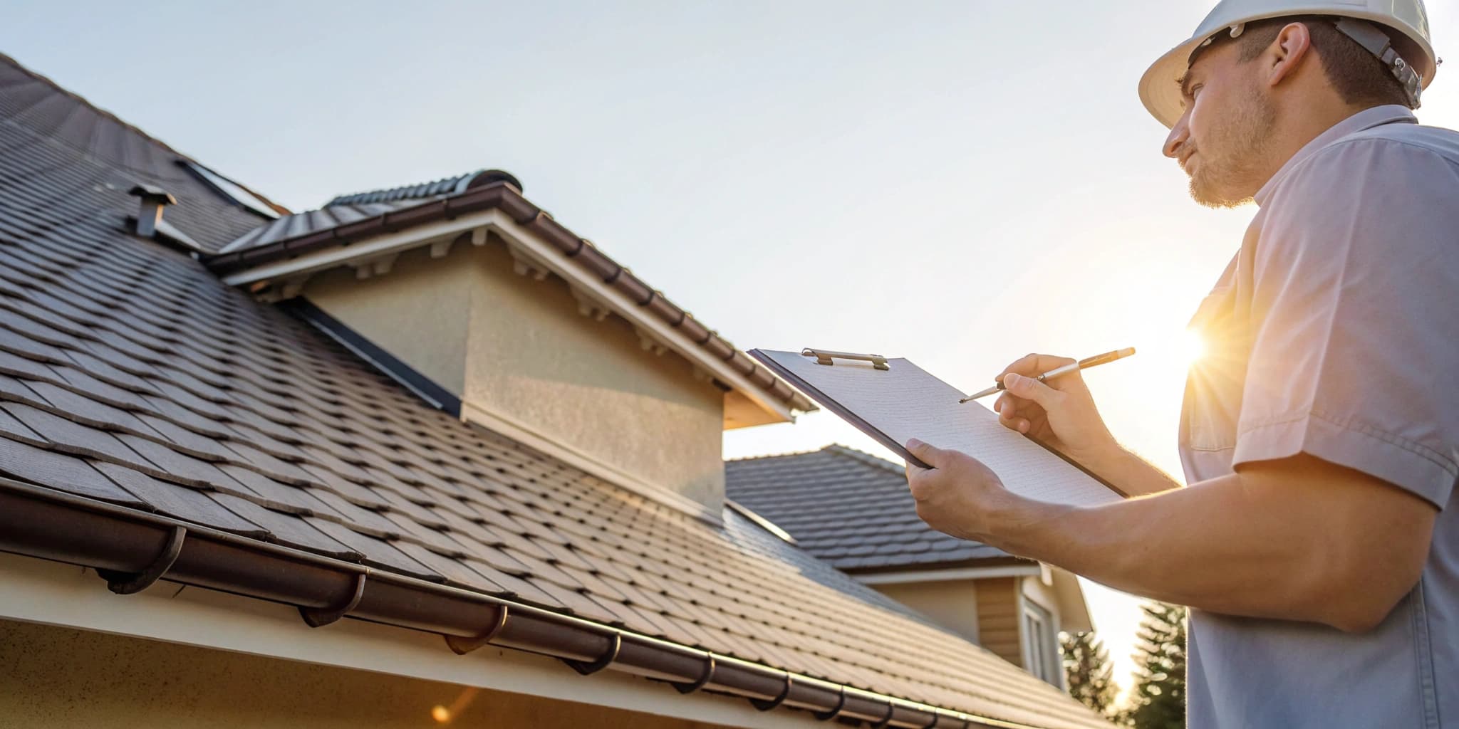 Inspector completing paperwork for a roof certification for homeowners insurance beside a ladder.