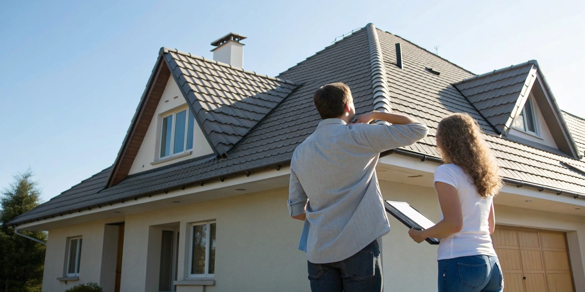 New homeowners at a kitchen table reviewing transferable roof warranty paperwork after closing.