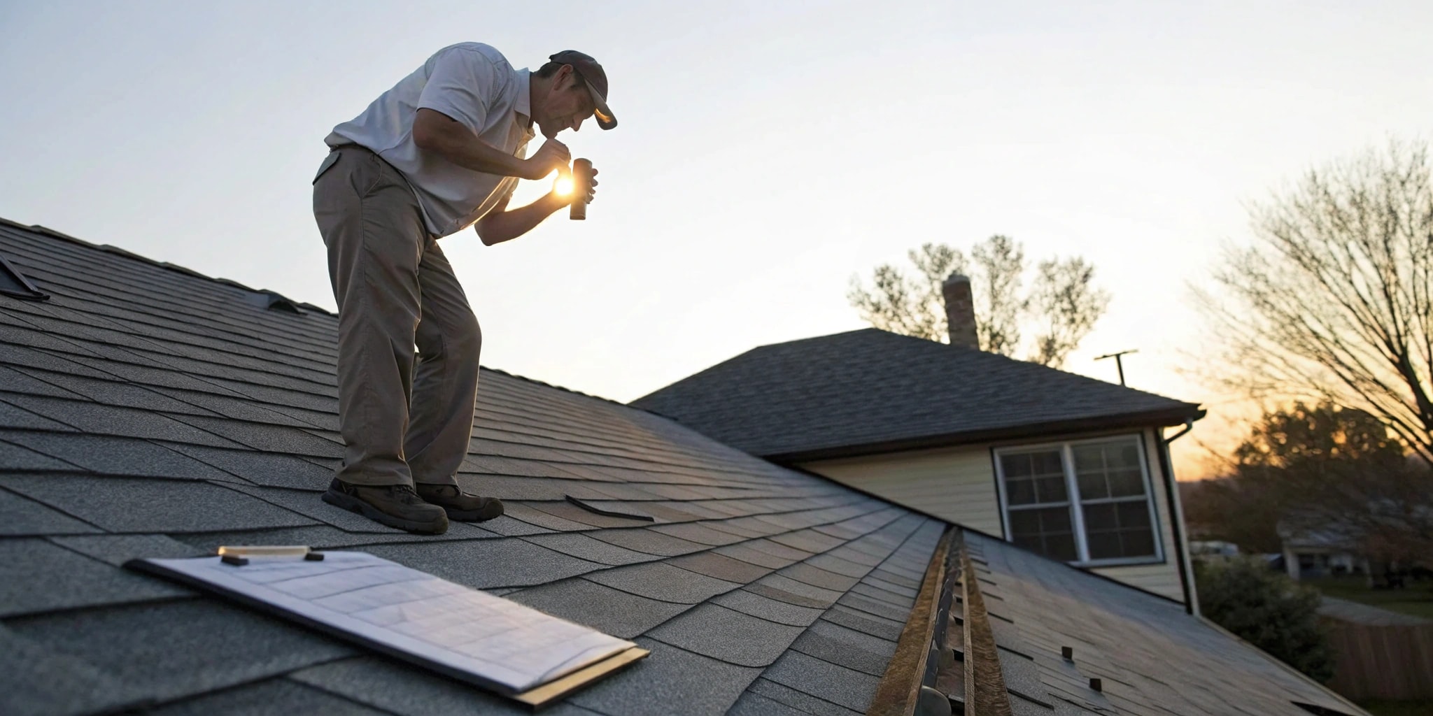 Inspector examining shingles with a flashlight during an unbiased roof damage assessment.
