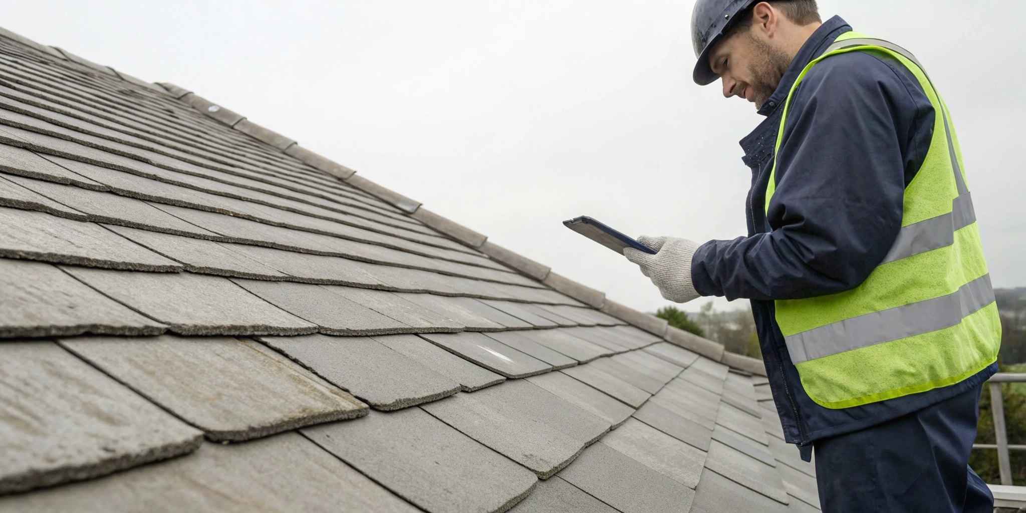 Inspector photographing hail-damaged shingles while preparing a storm damage roof assessment report