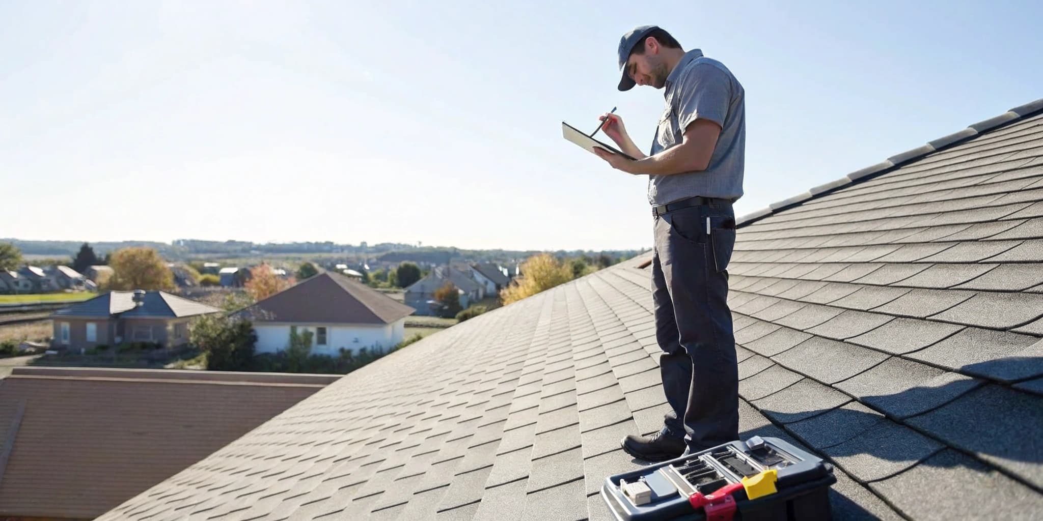 Roof inspector examining shingles and flashing on a house during a real estate transaction