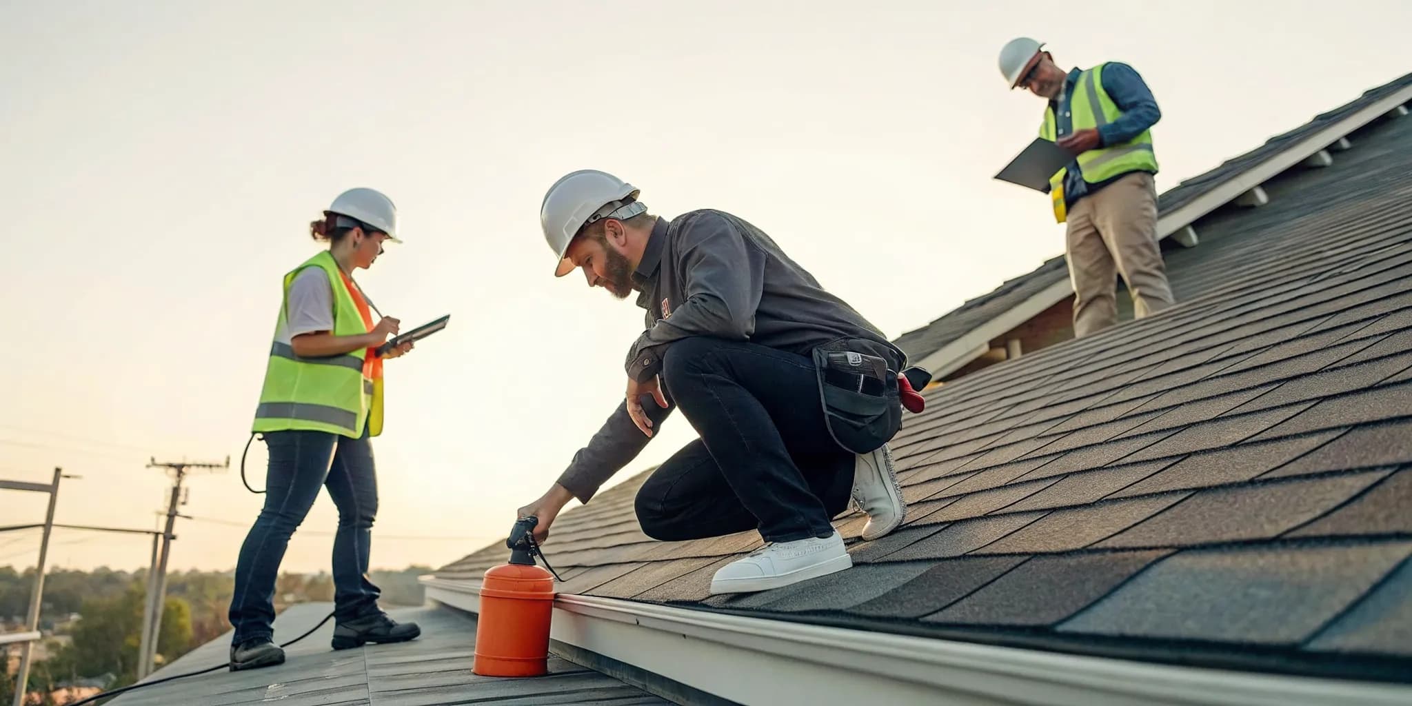 Two inspectors in safety gear carrying out hands-on roof inspection training on a sloped roof.