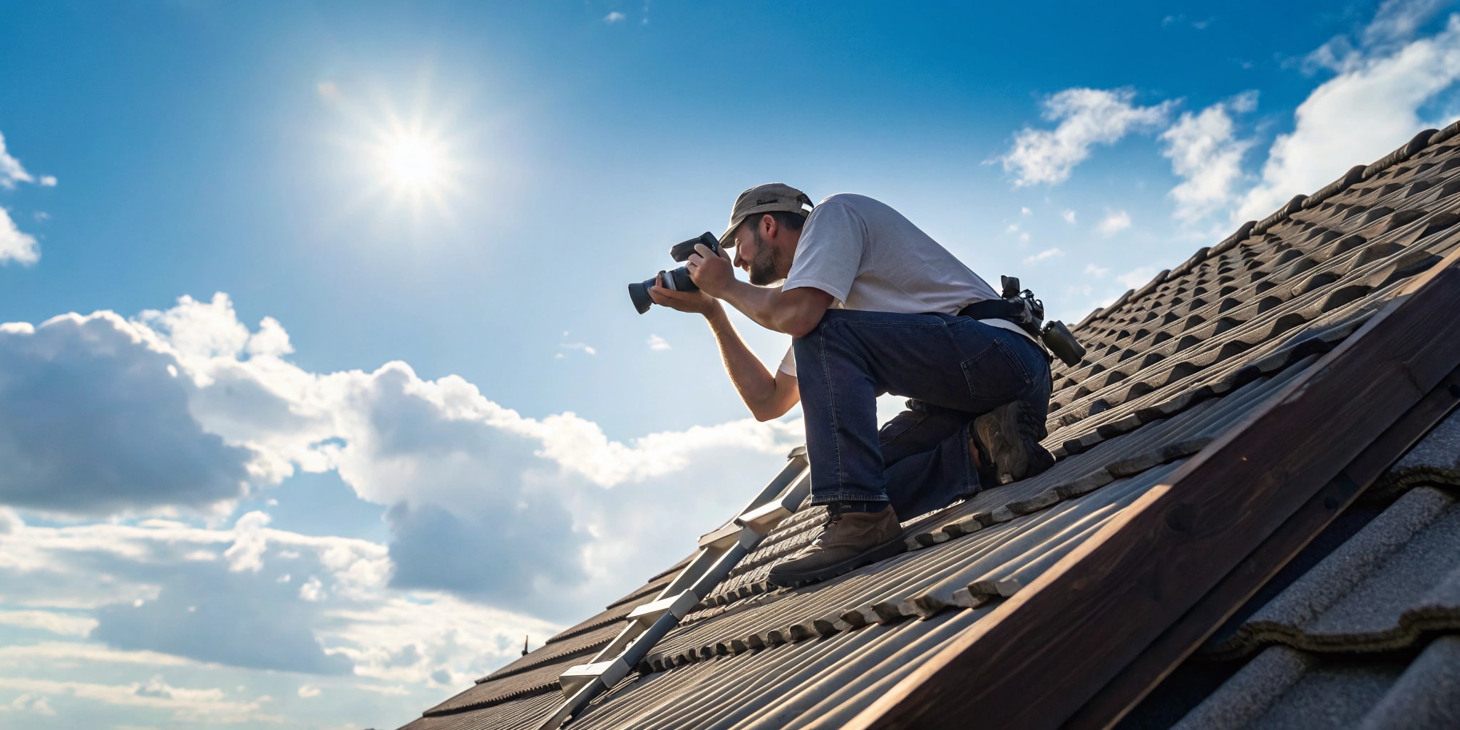 Inspector photographing storm damage during a roof damage assessment for a legal case.