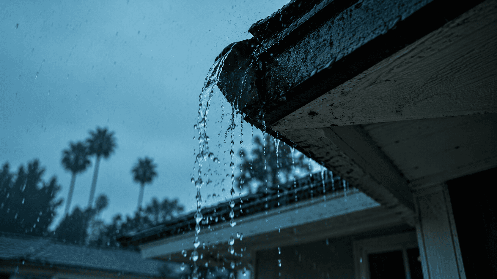 Rainwater spilling over a gutter at the edge of a roof during a storm, palm trees behind