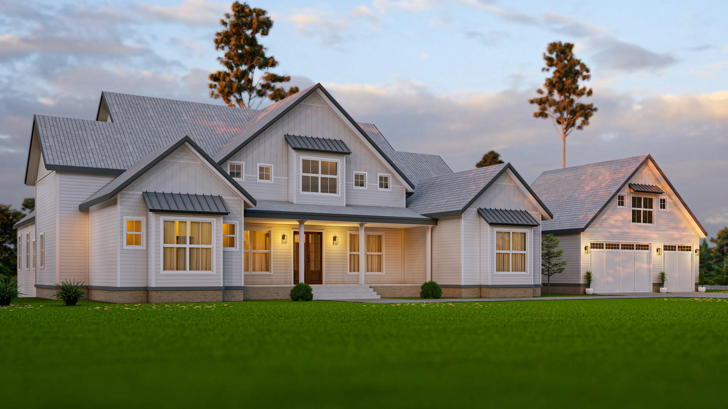 A white two-storey farmhouse at dusk with its windows lit