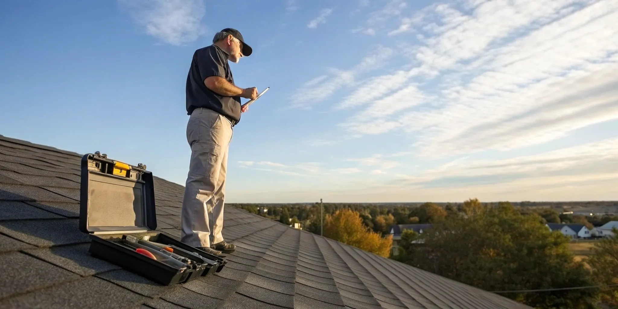 A roof inspector trained by one of the best programs inspects a shingle roof with his tools.