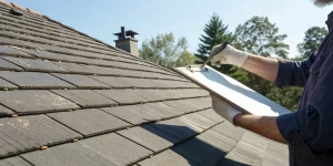 Roof inspection using a checklist on a clipboard to assess shingle damage.