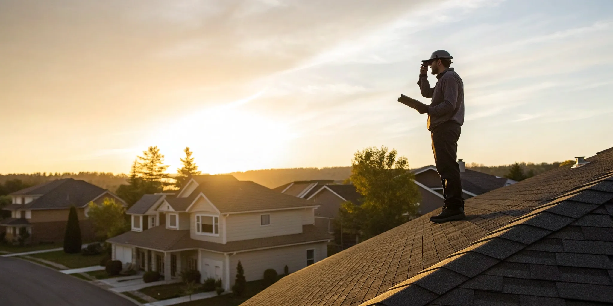 A certified roof inspector carefully checks shingles on a residential roof while wearing safety gear.