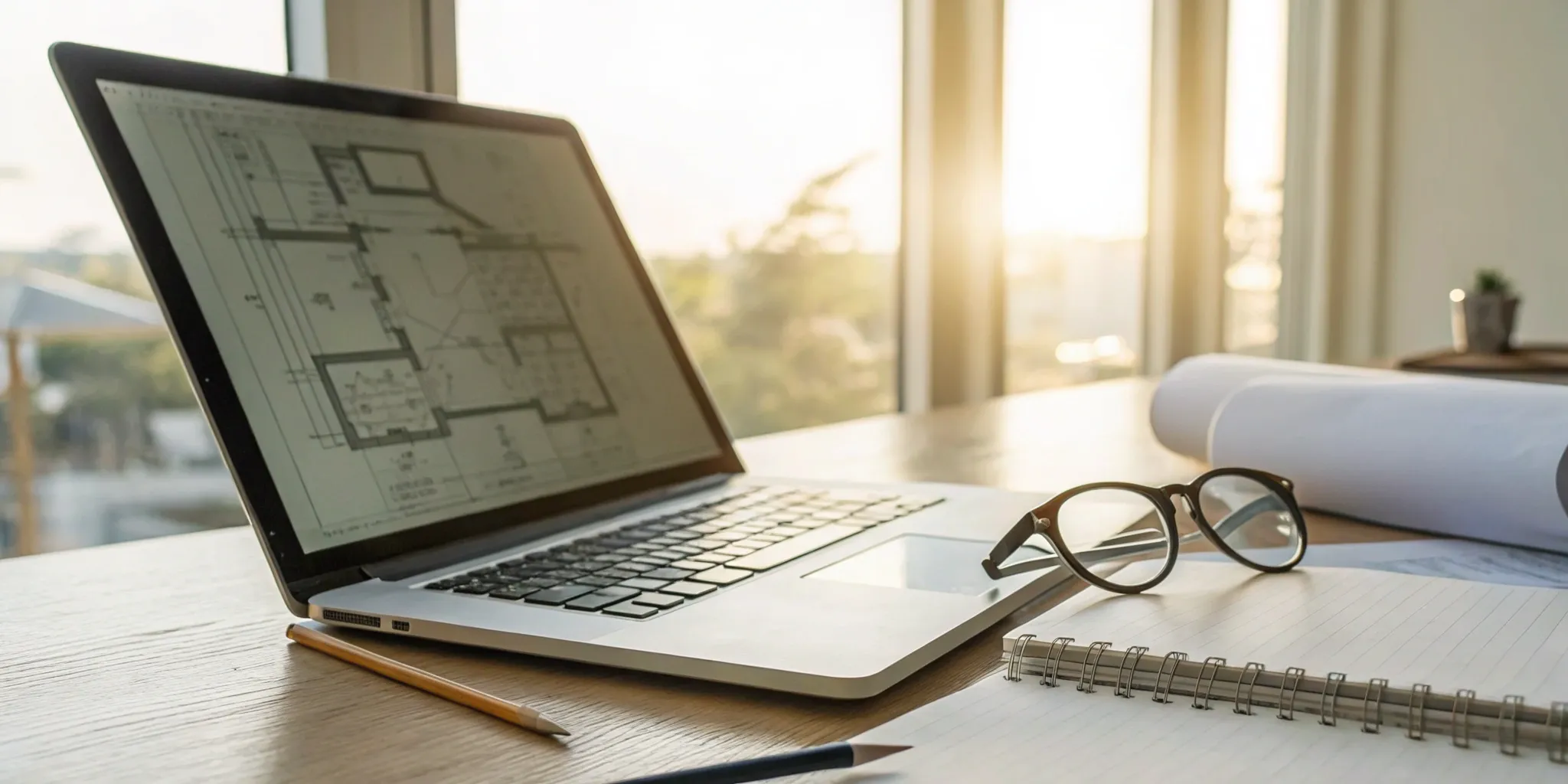 Laptop with roofing plans on a desk, ready to enroll in an online certification course.