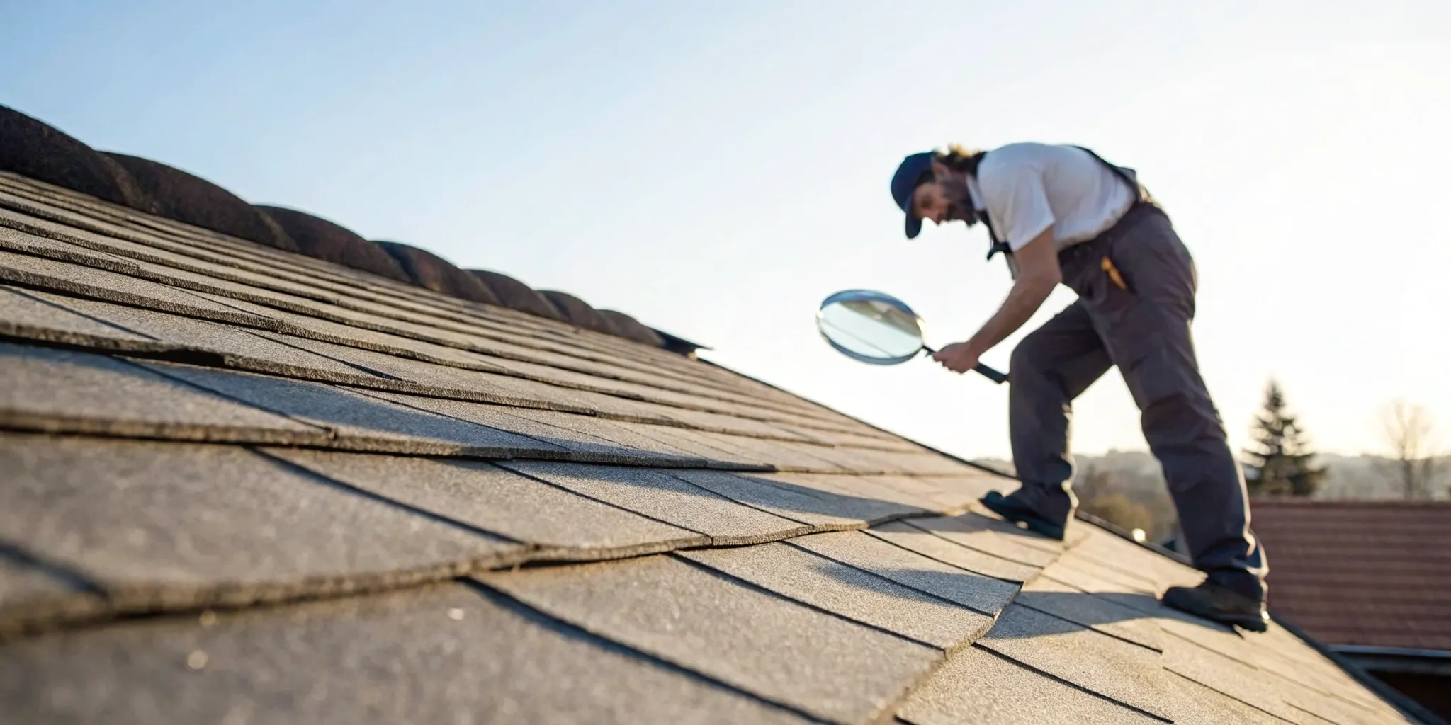 Professional inspector performing a roof failure analysis on damaged shingles.