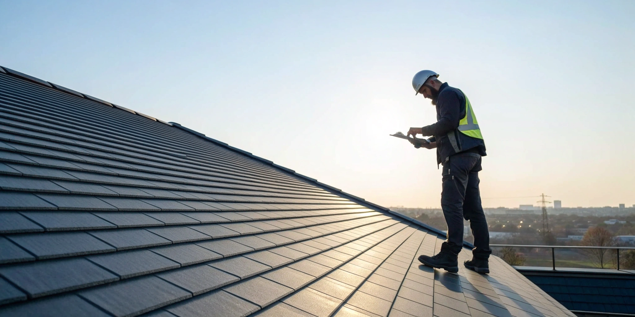 A roof inspector uses a tablet with a roof certification report generator.