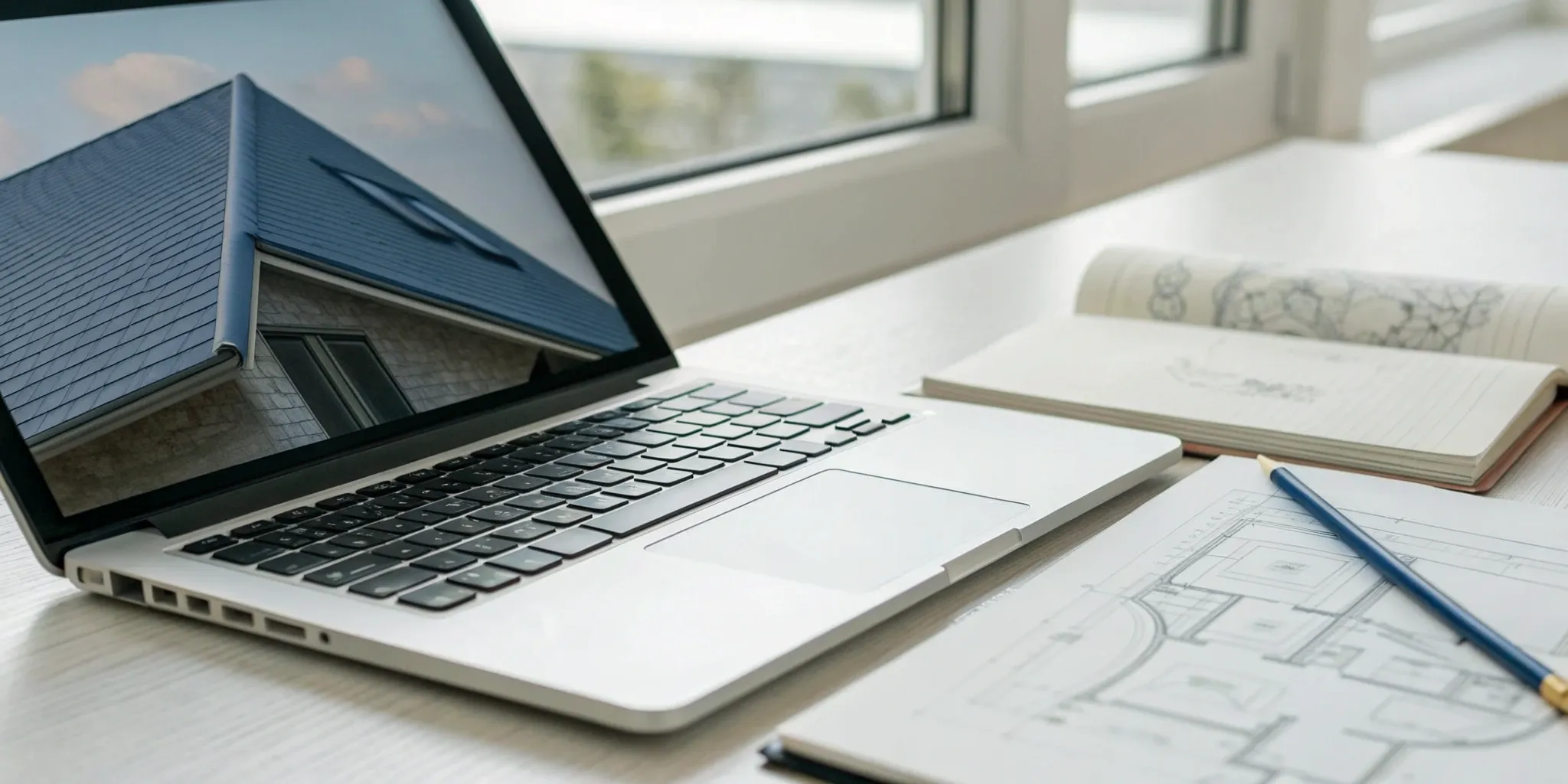 A laptop with online roofing classes next to blueprints and a notebook.