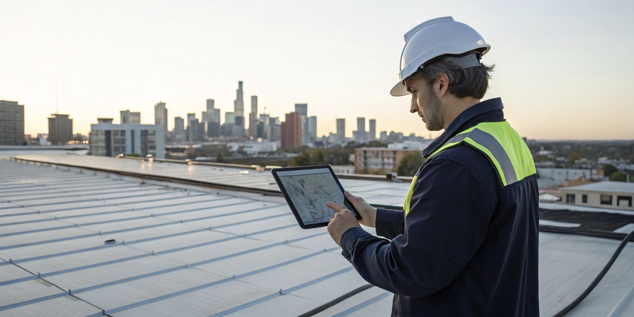 Inspector using roof damage report software on a tablet while inspecting a commercial roof.