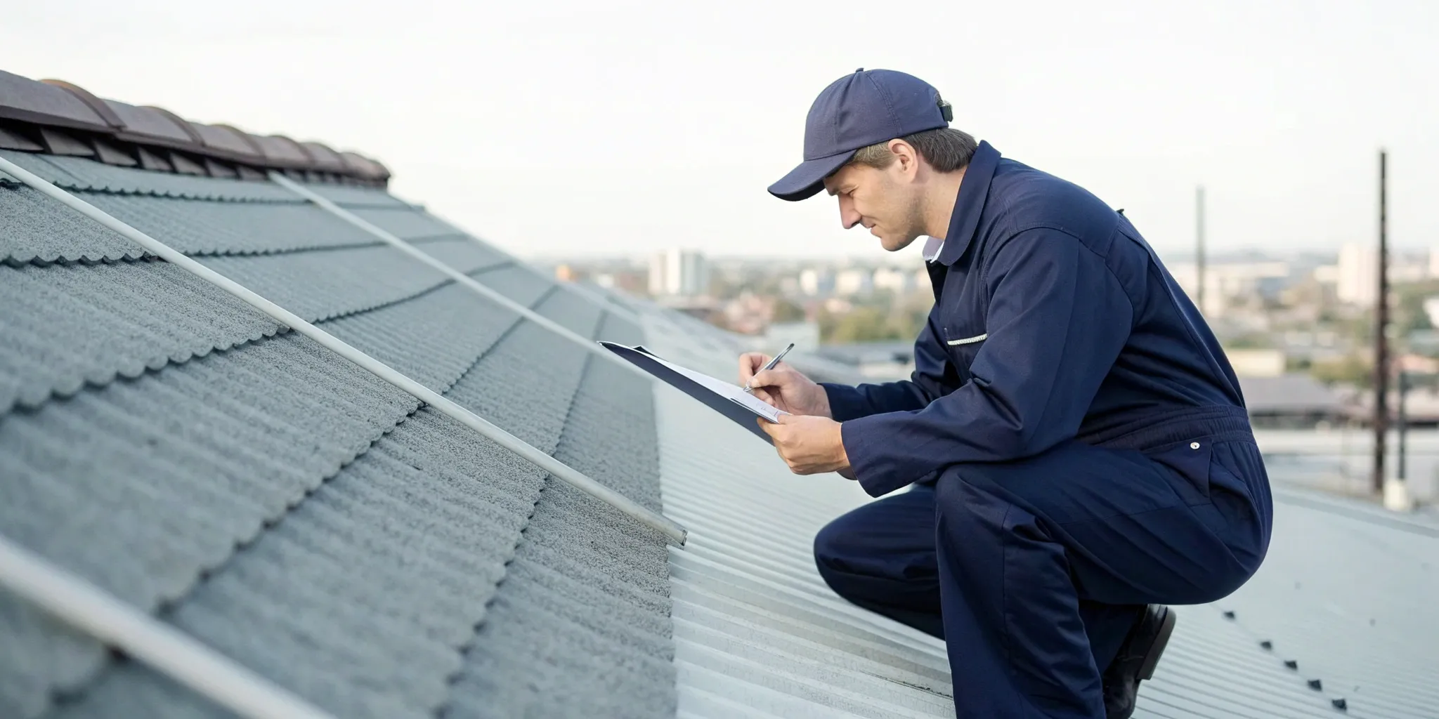 A commercial roof inspector in training examines a roof while taking notes.