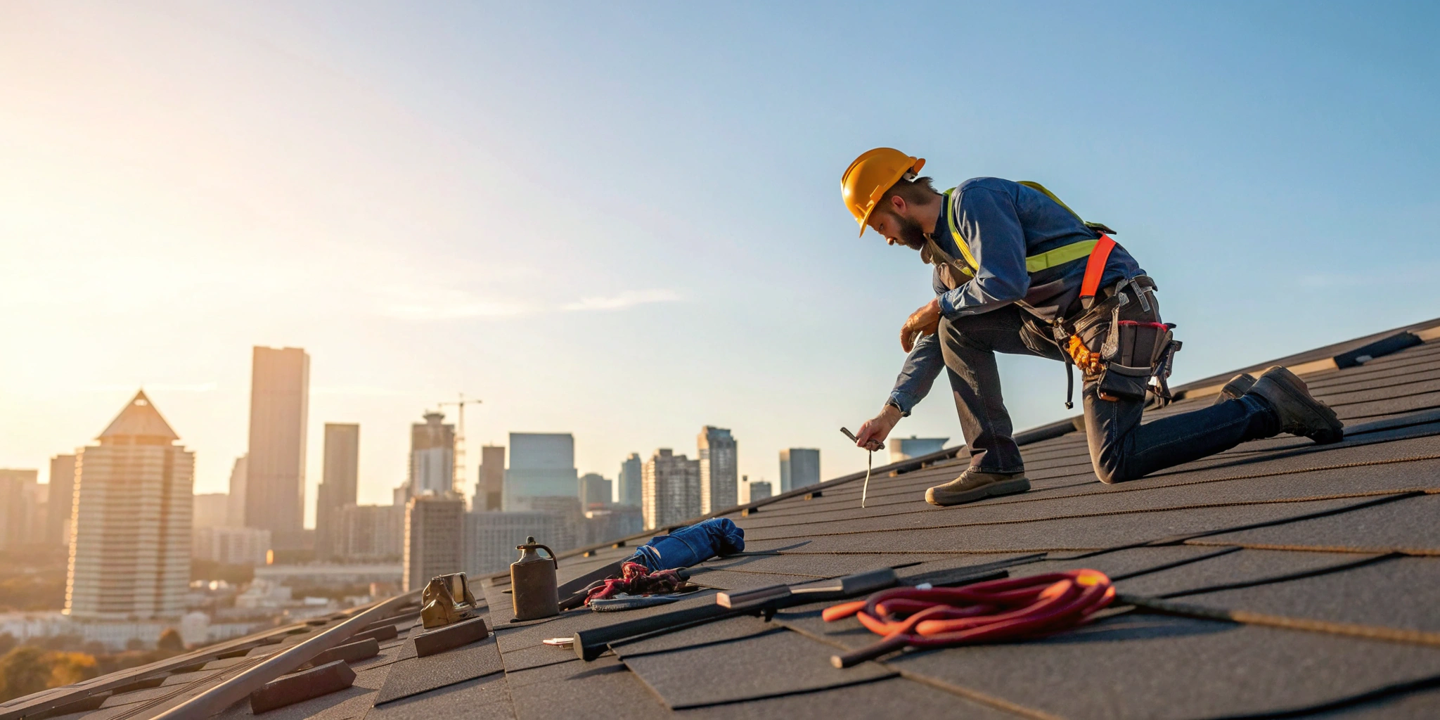 A roofer applying commercial roofing training and safety protocols on a large, flat roof.