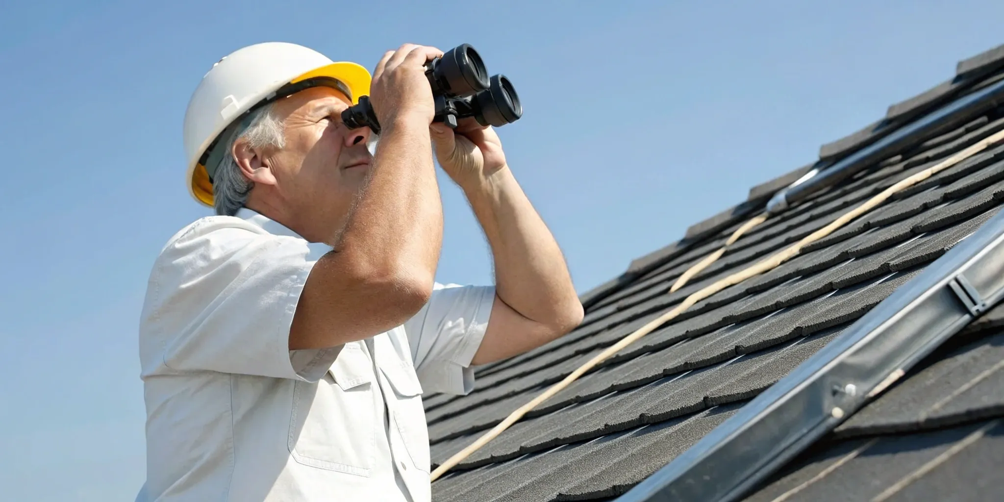 An expert witness in a hard hat conducts a roof inspection, looking for shingle damage.