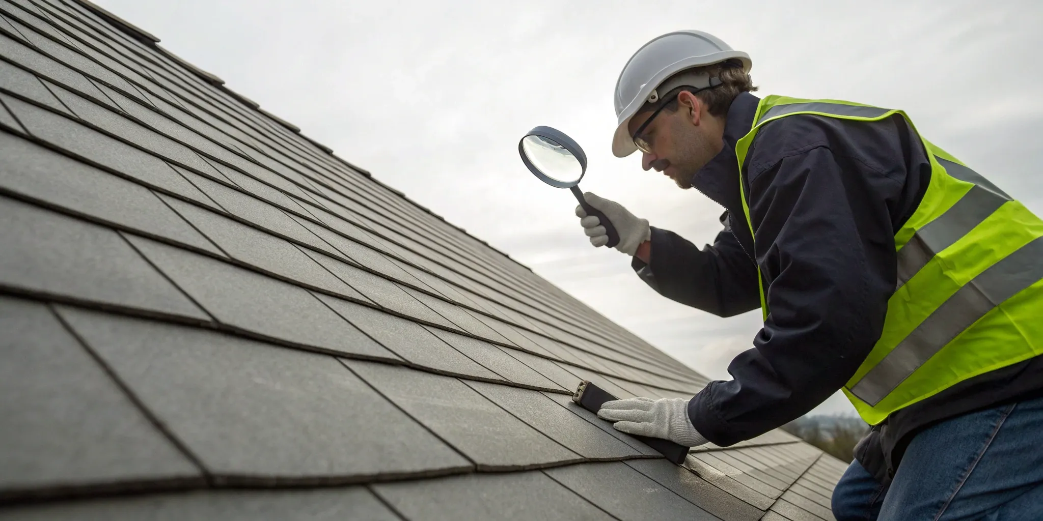 A forensic investigator performs a roof investigation, examining shingles with a magnifying glass.