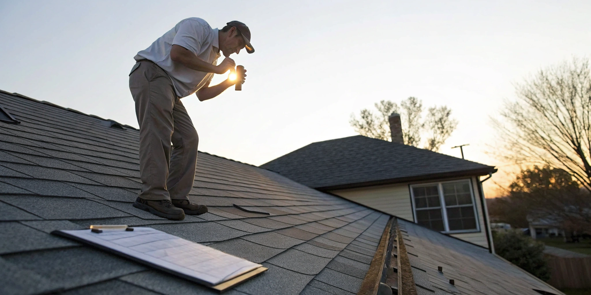 Roof inspector examining shingles with a flashlight for an unbiased roof damage assessment.