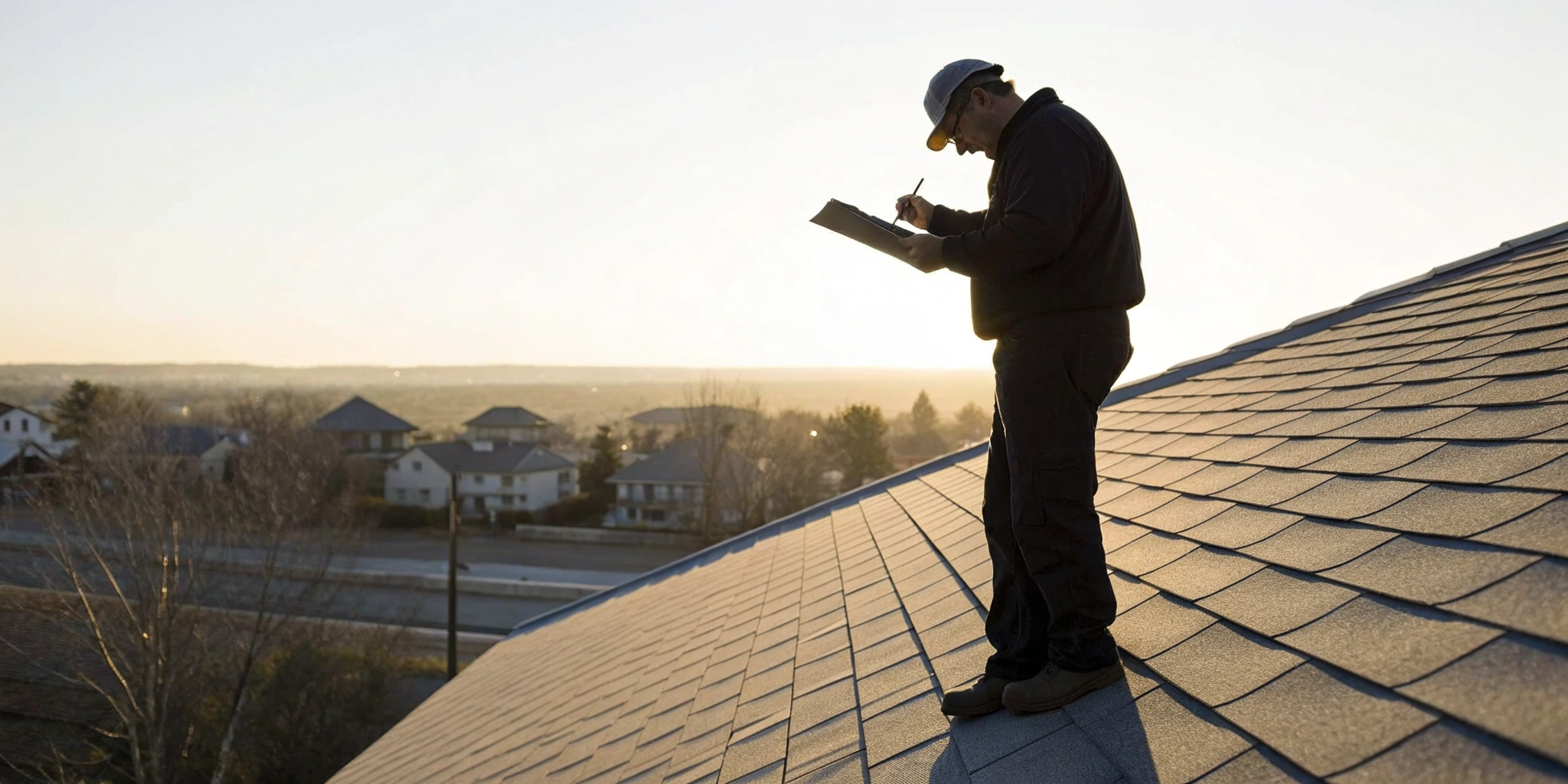 A roof inspector documents shingle damage on an inspection report template.