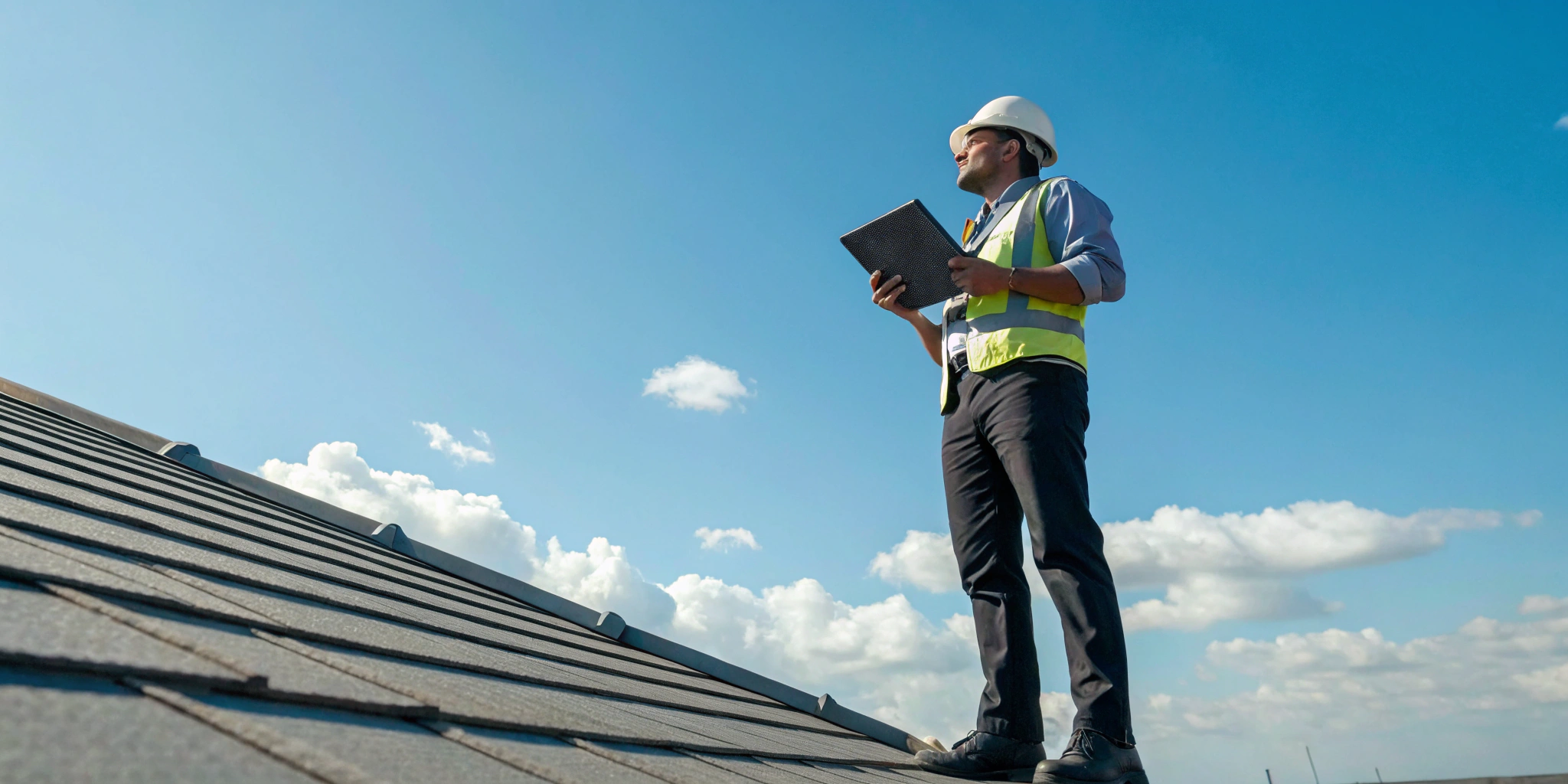 Roof inspector hired to assess roof damage for an official report.