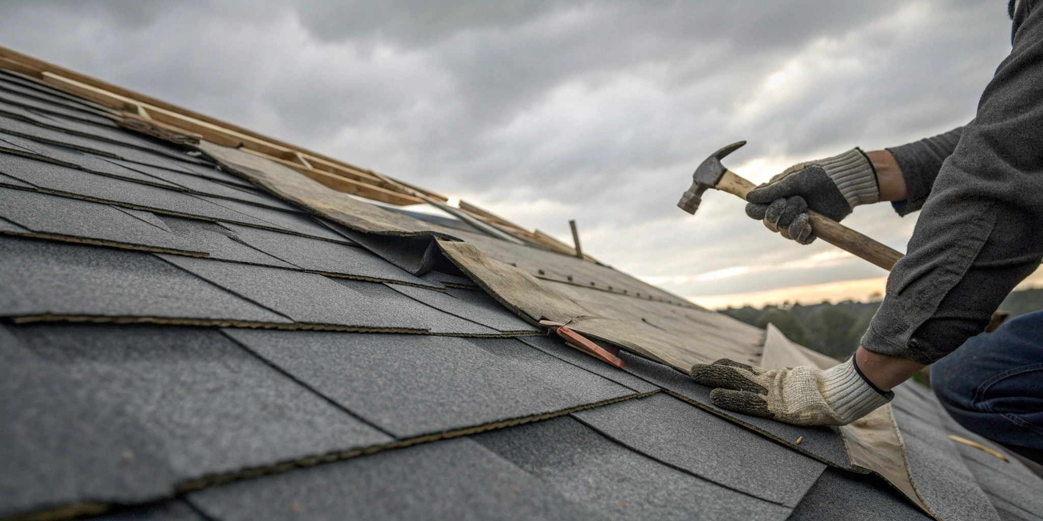 A roofer nailing an asphalt shingle, a process where signs of a roof installation error appear.