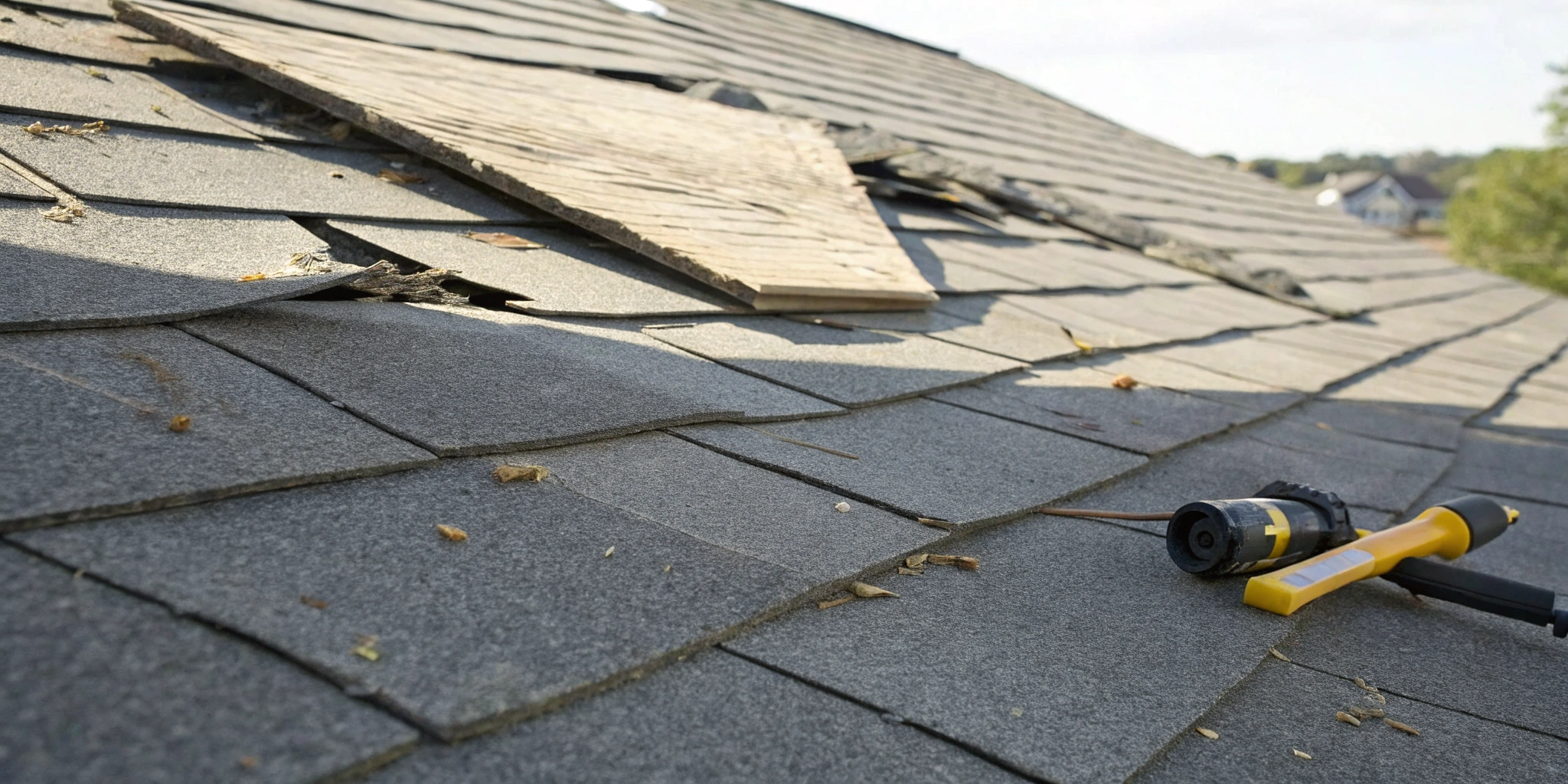A damaged roof with tools used for leak cause determination.