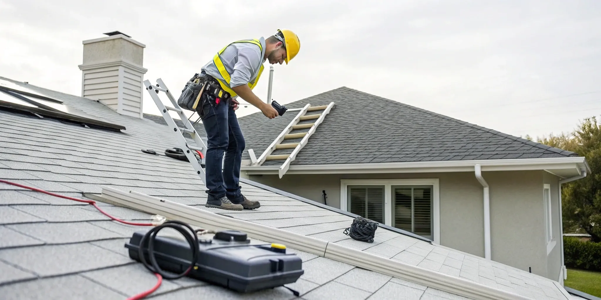 Professional roofer inspecting a roof to find a leak and determine repair costs.