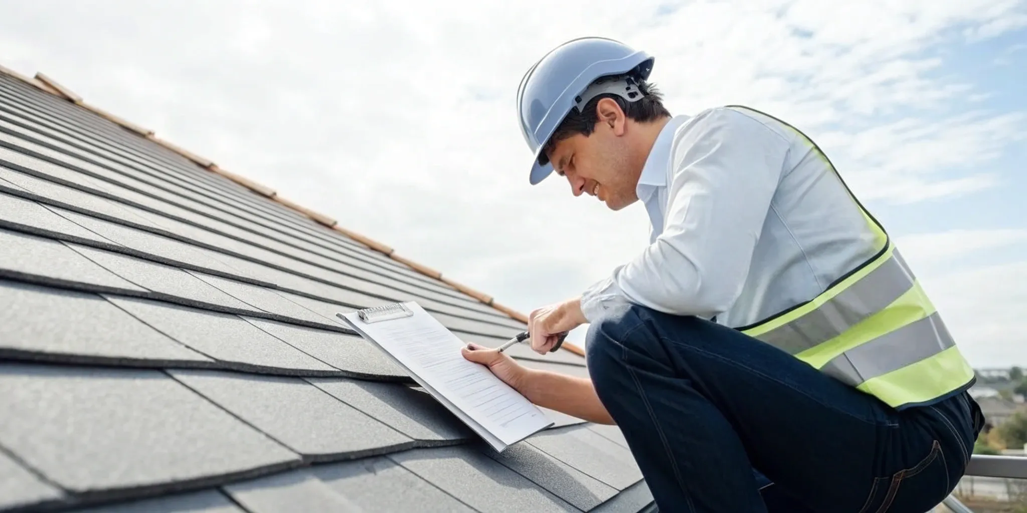 A roof inspector checking shingles to get a transferable roof certification.