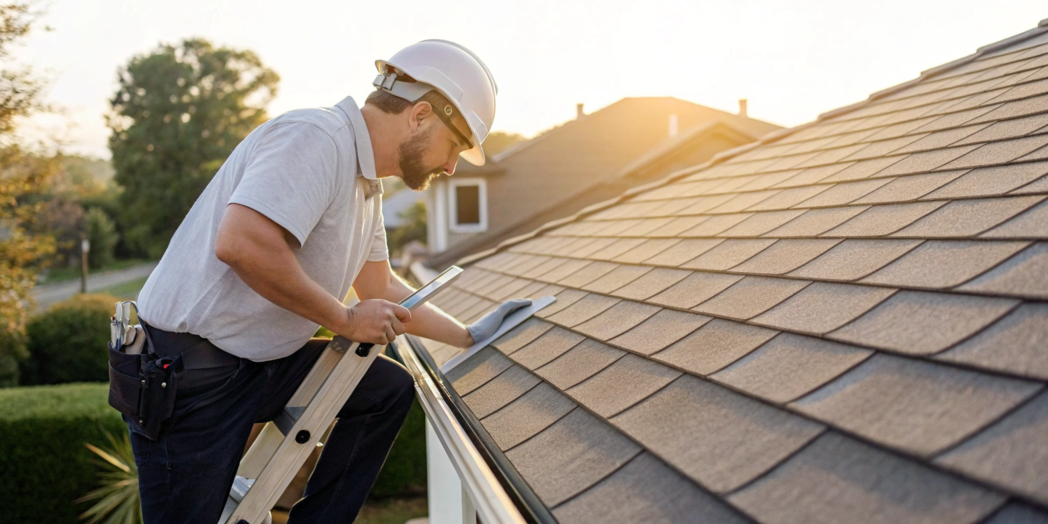 A roofing professional performs a leak inspection service, checking shingles for damage.