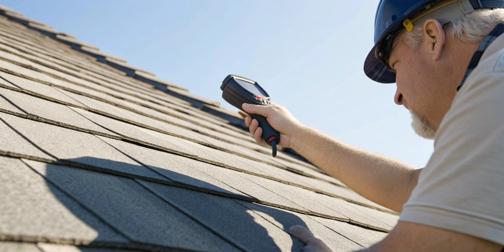 Inspector conducting a roof leak cause analysis to create a professional report.
