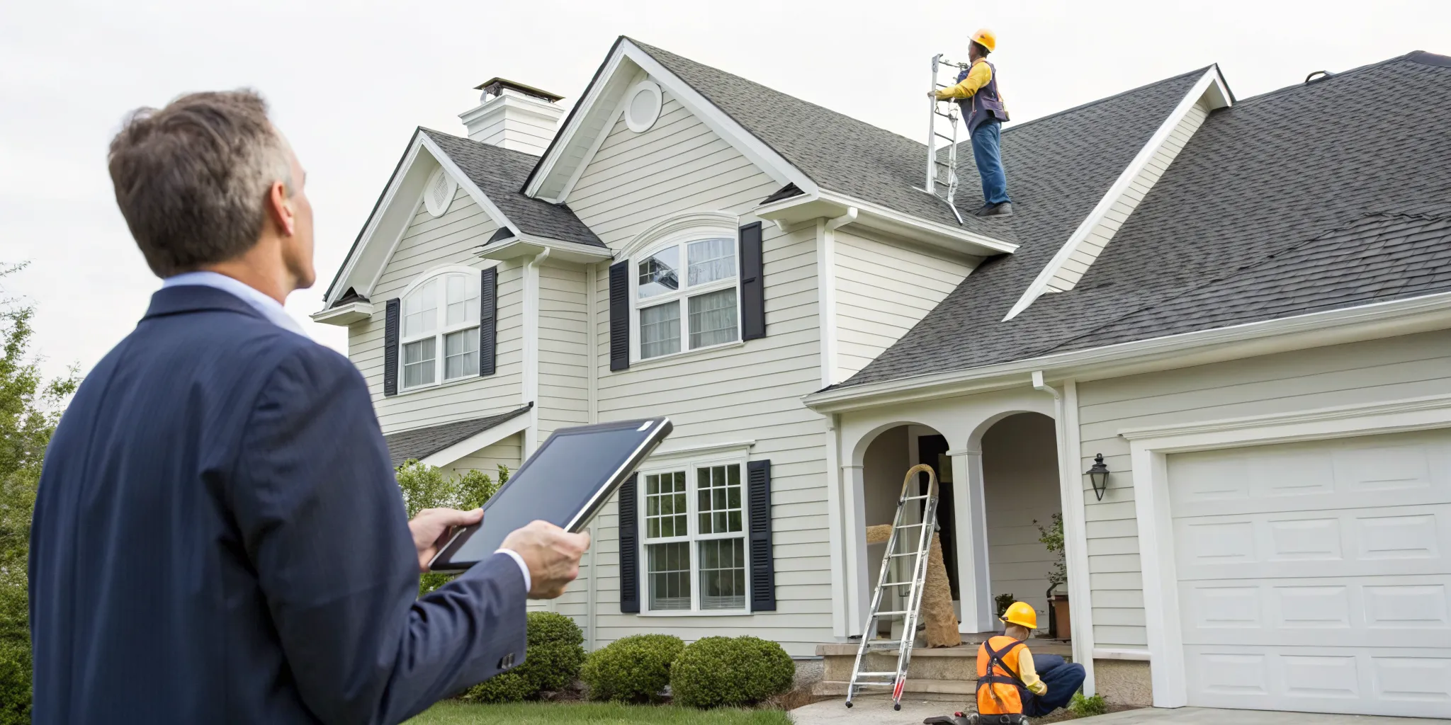 Contractor and adjuster review roof damage during the insurance claim process.