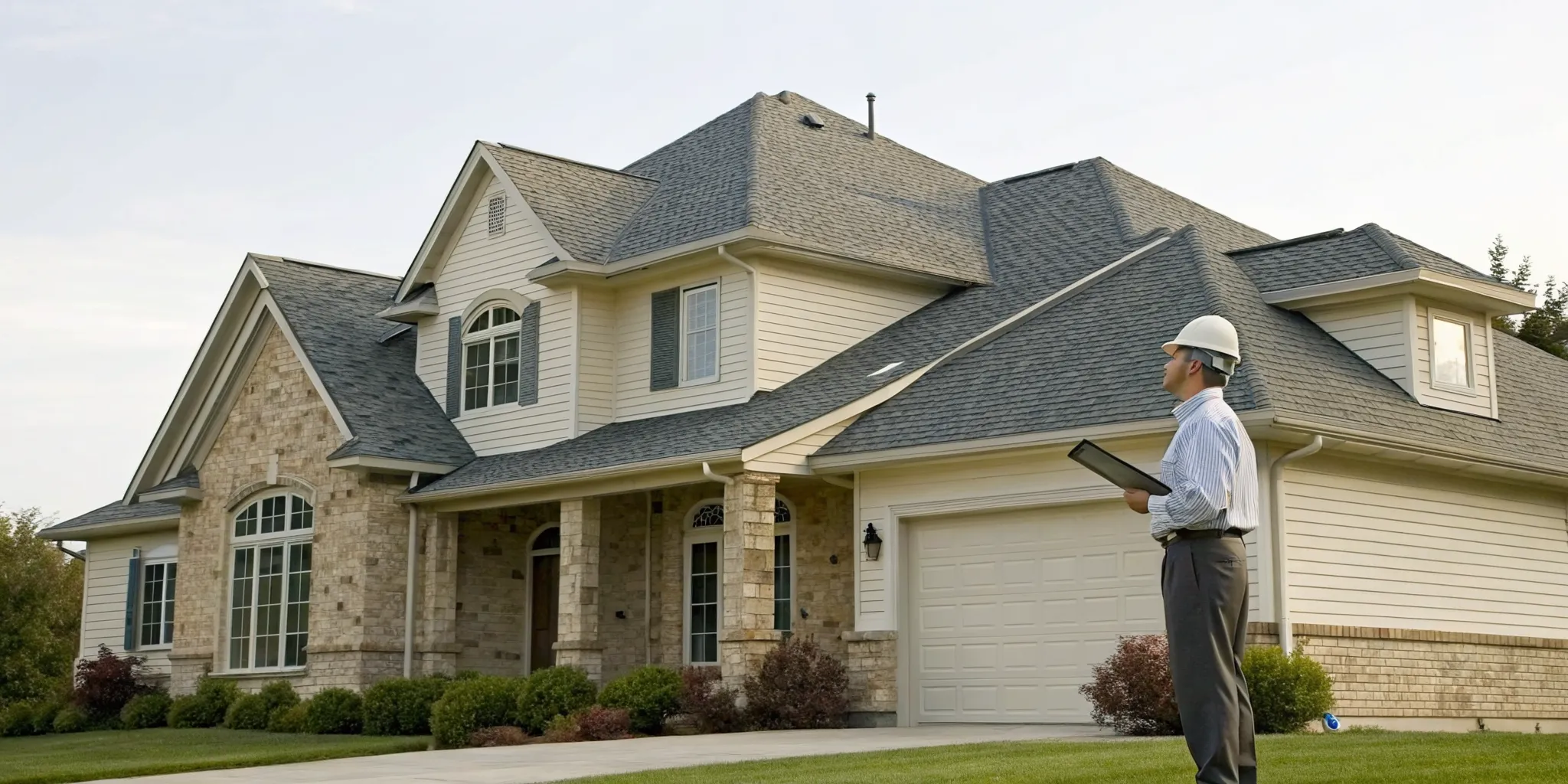 Inspector checking a roof to see if a home warranty covers replacement.
