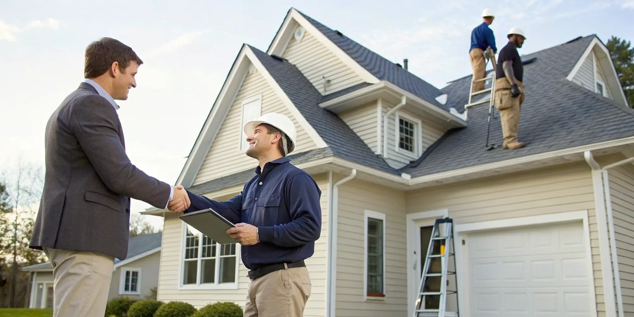 Contractor and homeowner shake hands after a successful insurance claim for a roof replacement.