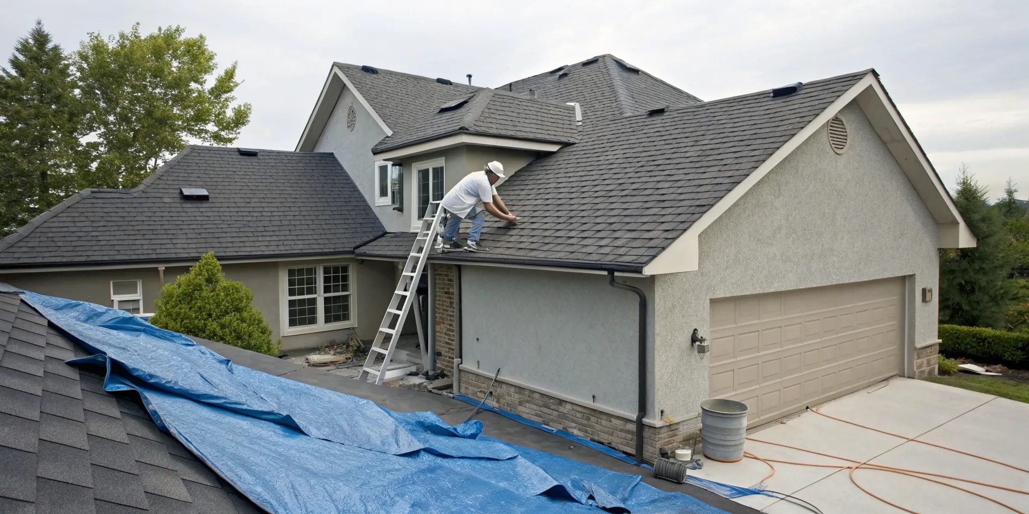 A professional fixing a roof leak by repairing damaged shingles.